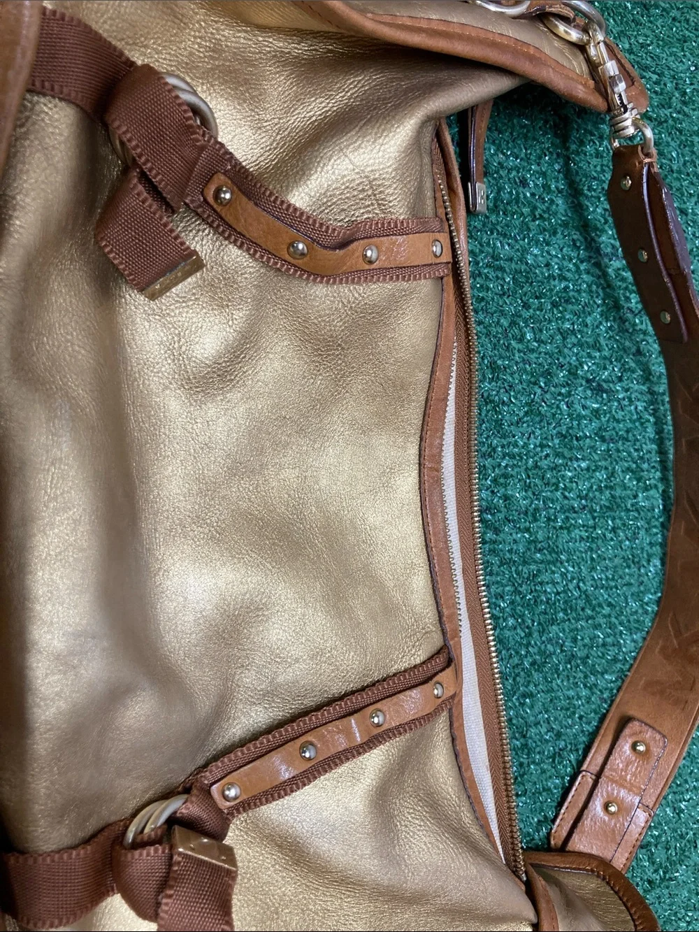 Vintage Michael Kors Metallic Gold Shoulder Bag with Brown Trim (OKPM-09-032)